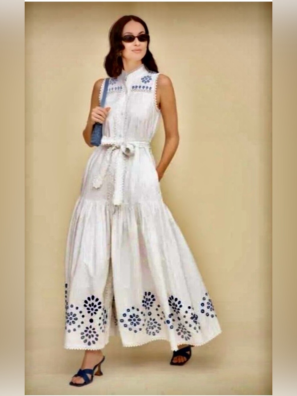 Avec Les Filles White Maxi Dress with Navy Eyelet Detail